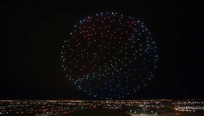 Red white and blue drone parade of the Houston Astrodome